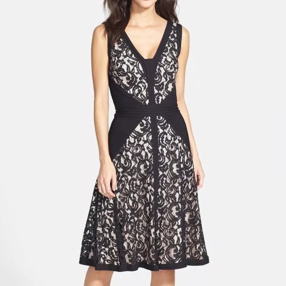 Women’s 14 Tadashi Shoji Floral Lace Jersey Fit & Flare V-Neck Mini Dress, Black - Picture 1 of 6